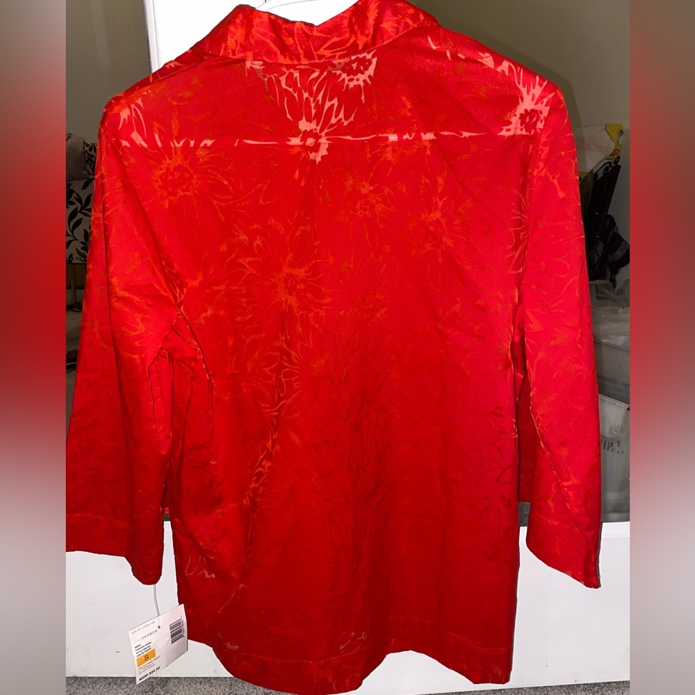 Coral Red Lace Patterned Sheer Button Down Small - Picture 8 of 8